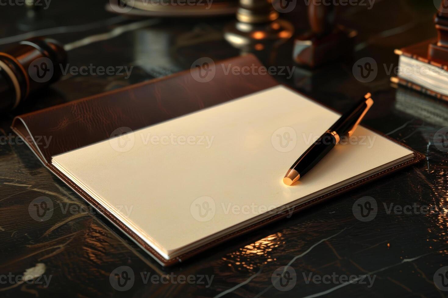 Elegant writing setup with blank notepad and pen on a polished desk in a quiet office photo
