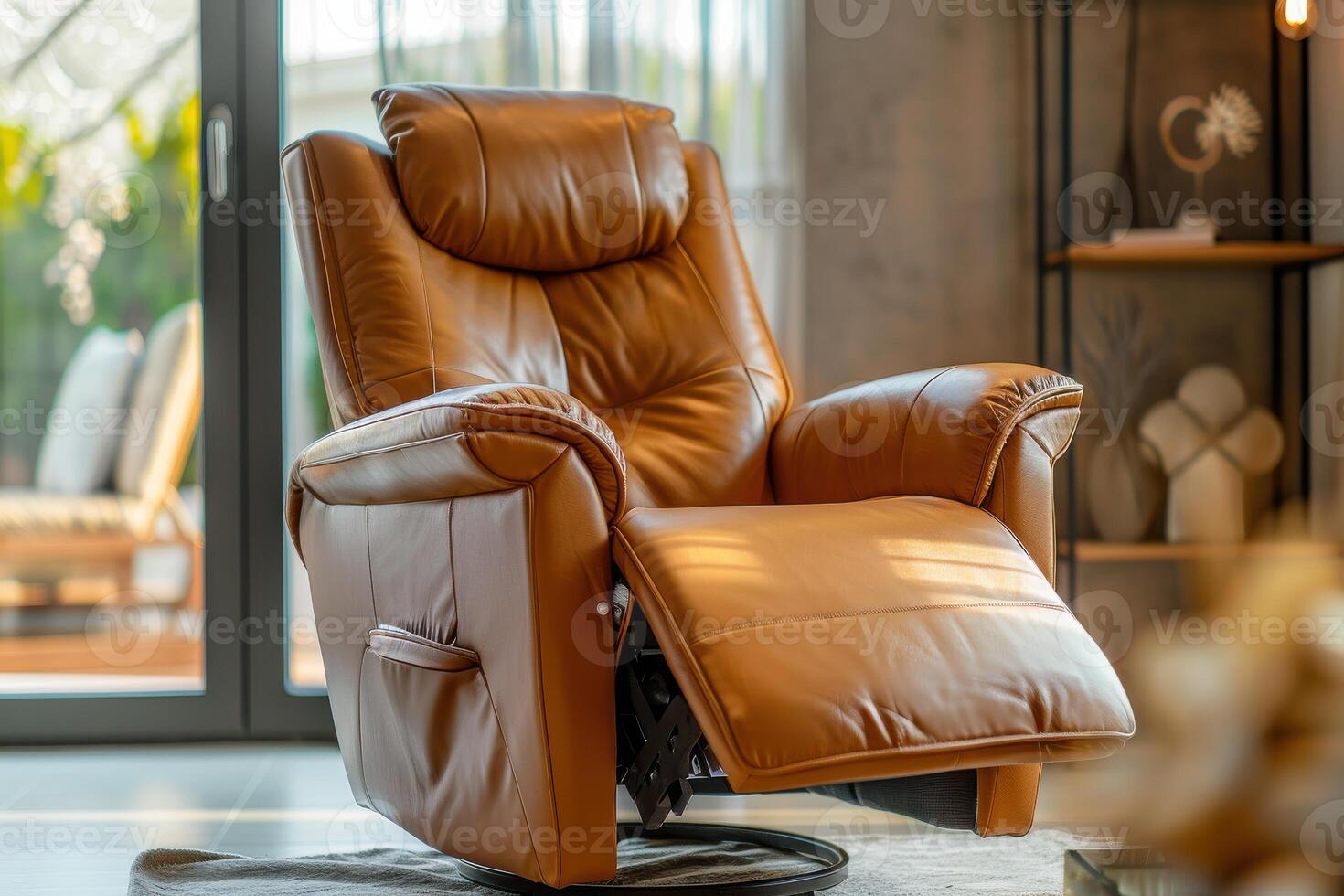 Comfortable leather recliner in a modern living room filled with natural light photo