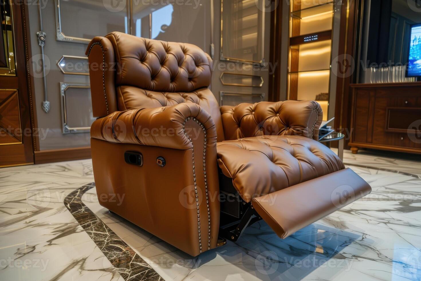 Luxurious brown leather recliner in a modern living room with elegant decor and marble flooring photo