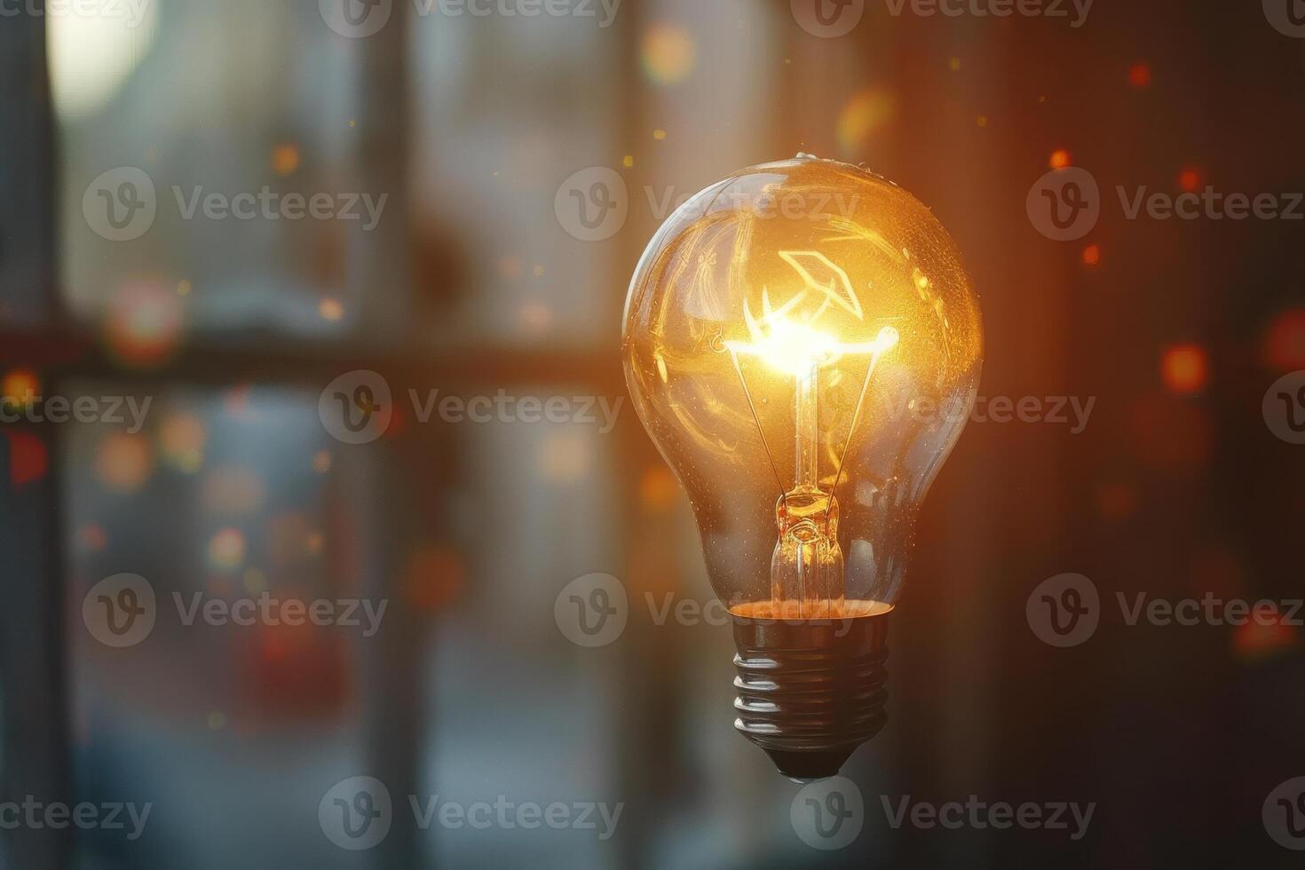 A glowing light bulb suspended in mid-air with warm illumination in a dimly lit room photo