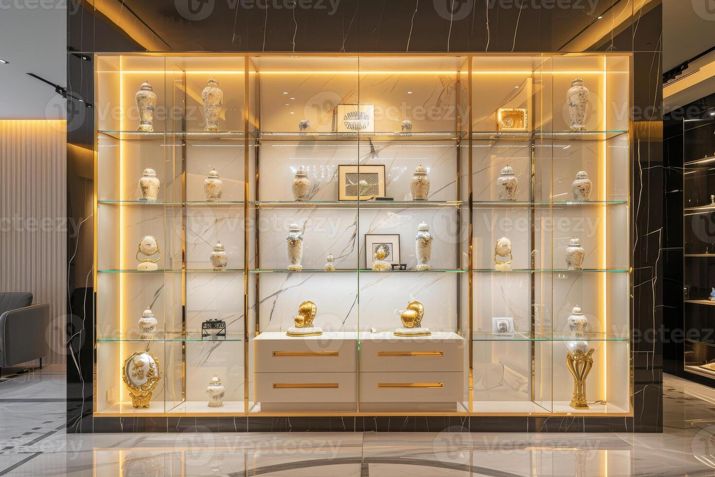 Elegant display cabinet showcasing decorative vases and sculptures in a modern interior setting photo