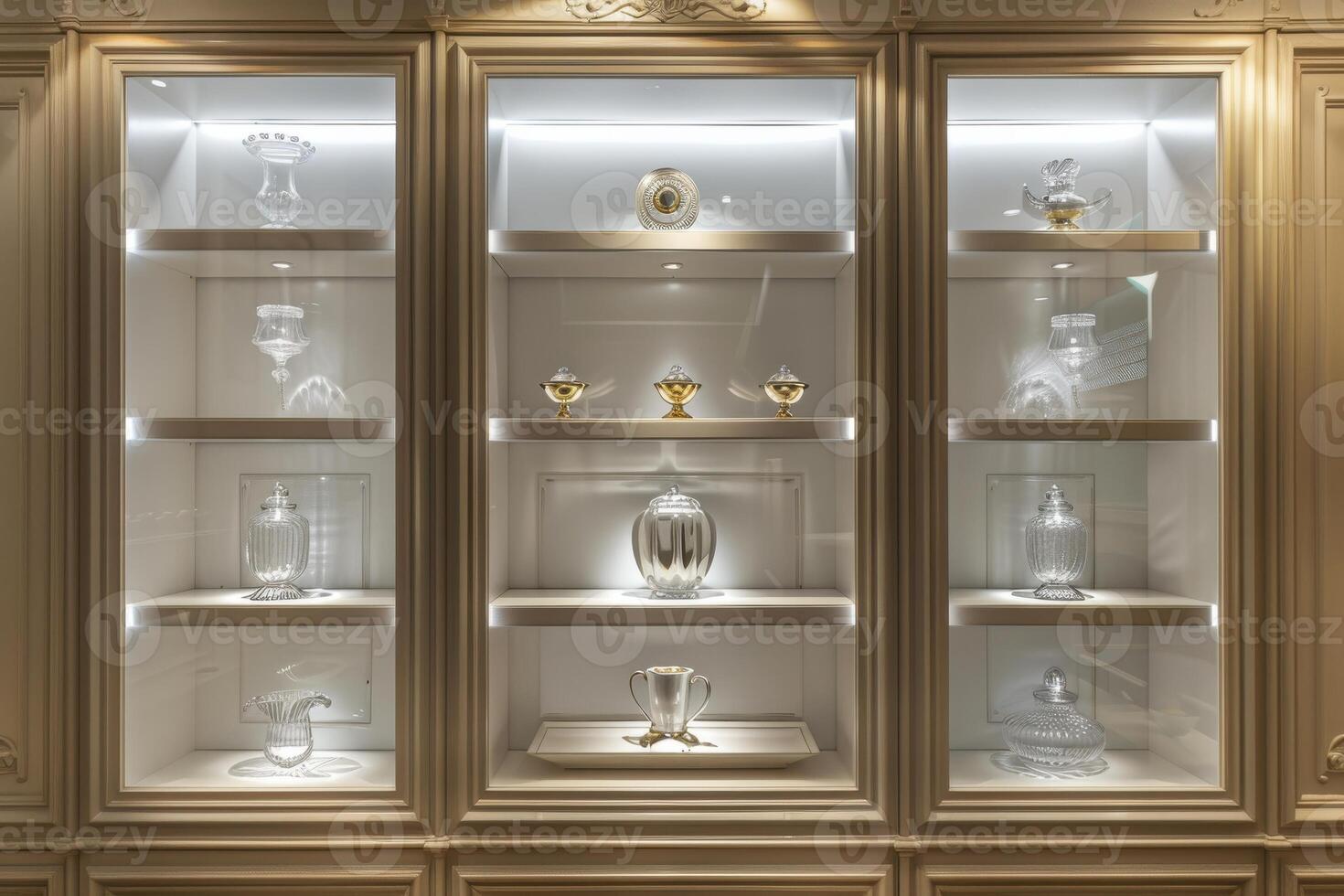 Elegant display of crystal glassware in a well-lit exhibition cabinet photo