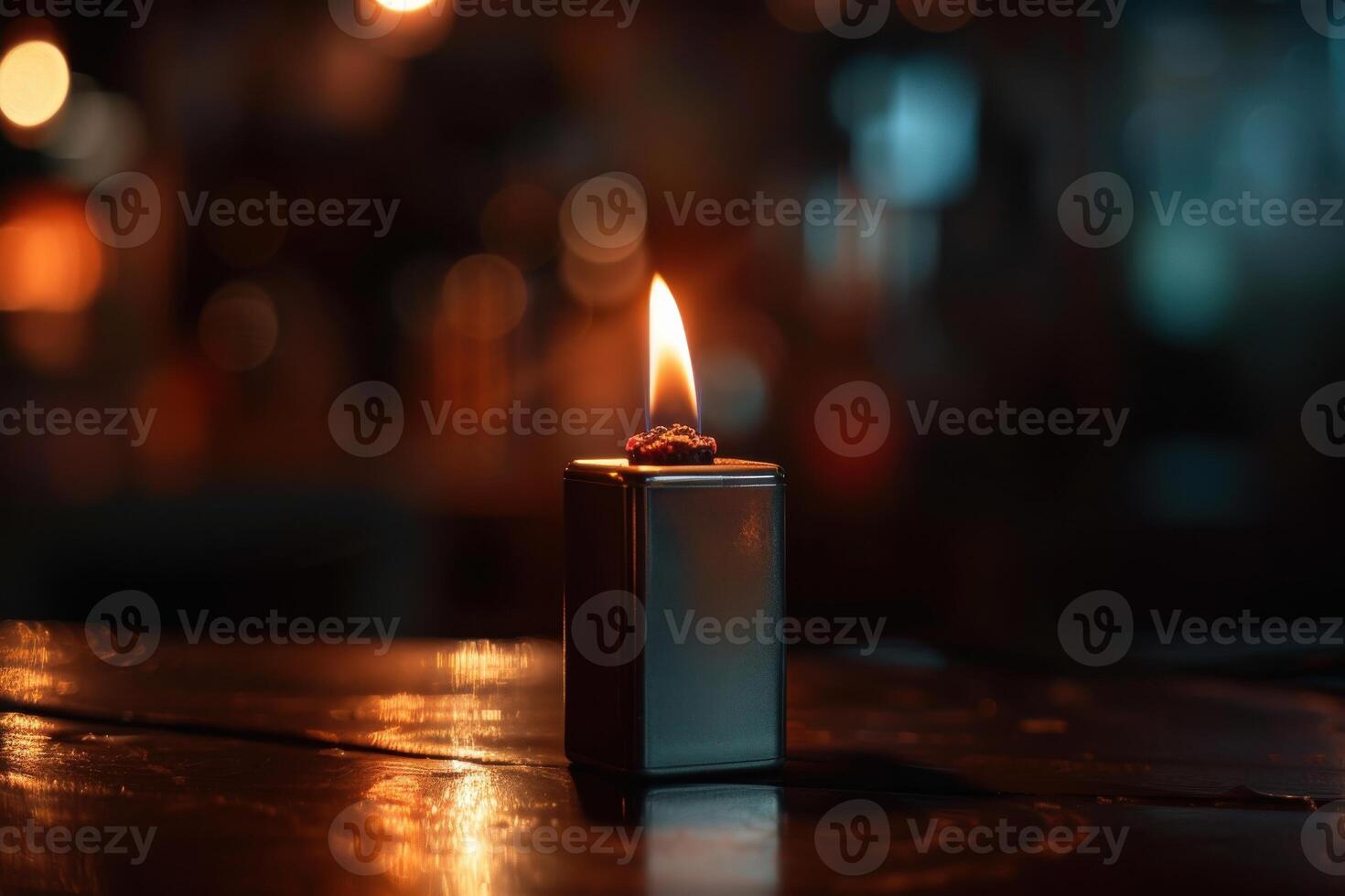 A close-up of a lit candle on a wooden table in a dimly lit room during the evening photo