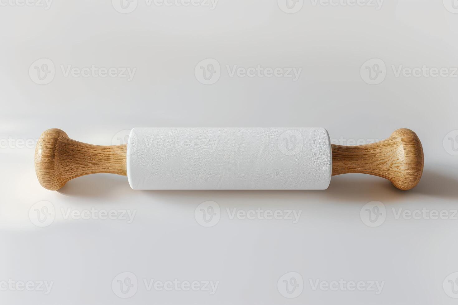 A wooden rolling pin on a light background, showcasing its smooth surface and sturdy build, perfect for baking activities in the kitchen photo