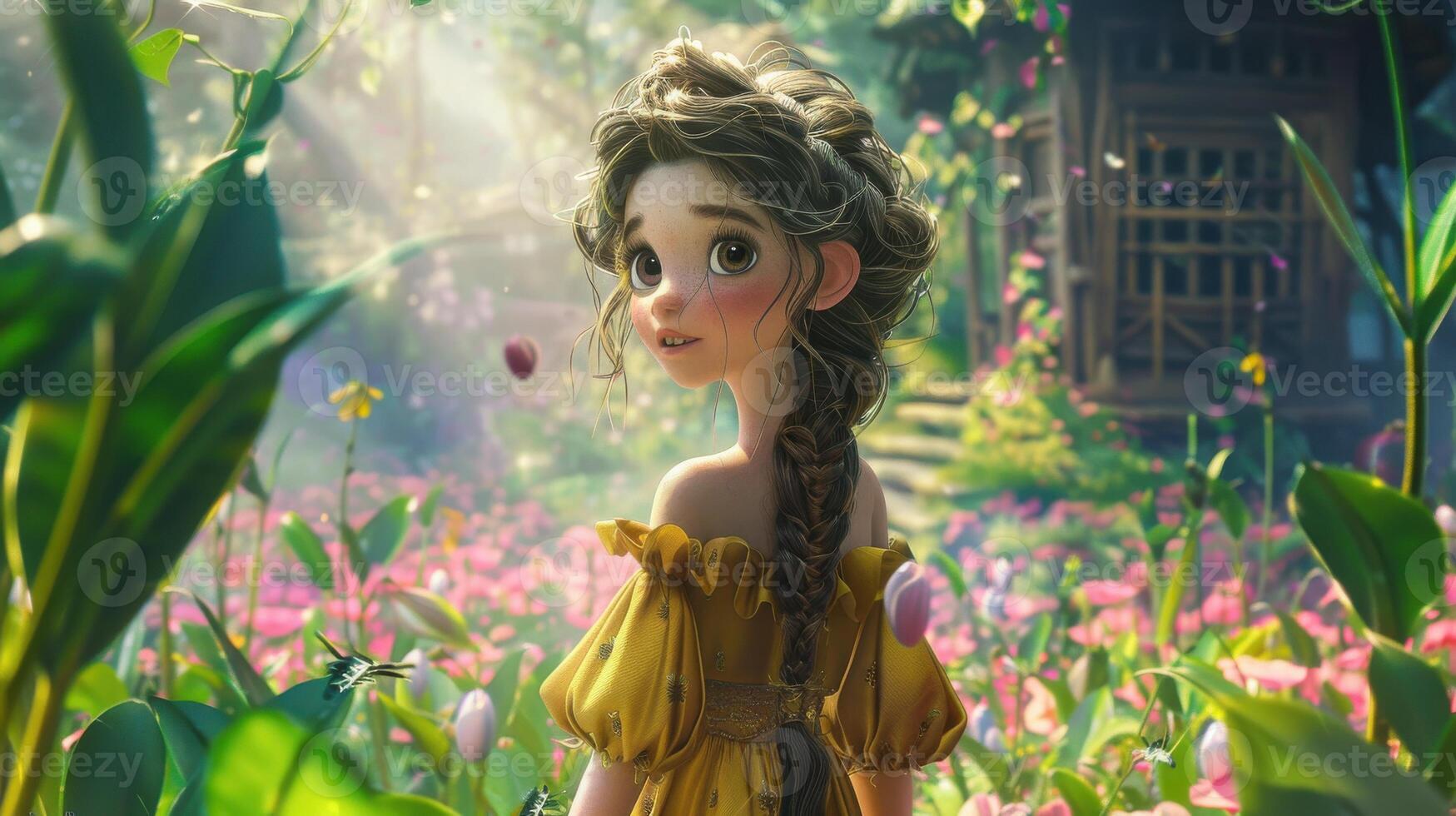Charming young girl in a golden dress explores a vibrant flower-filled garden during daylight photo