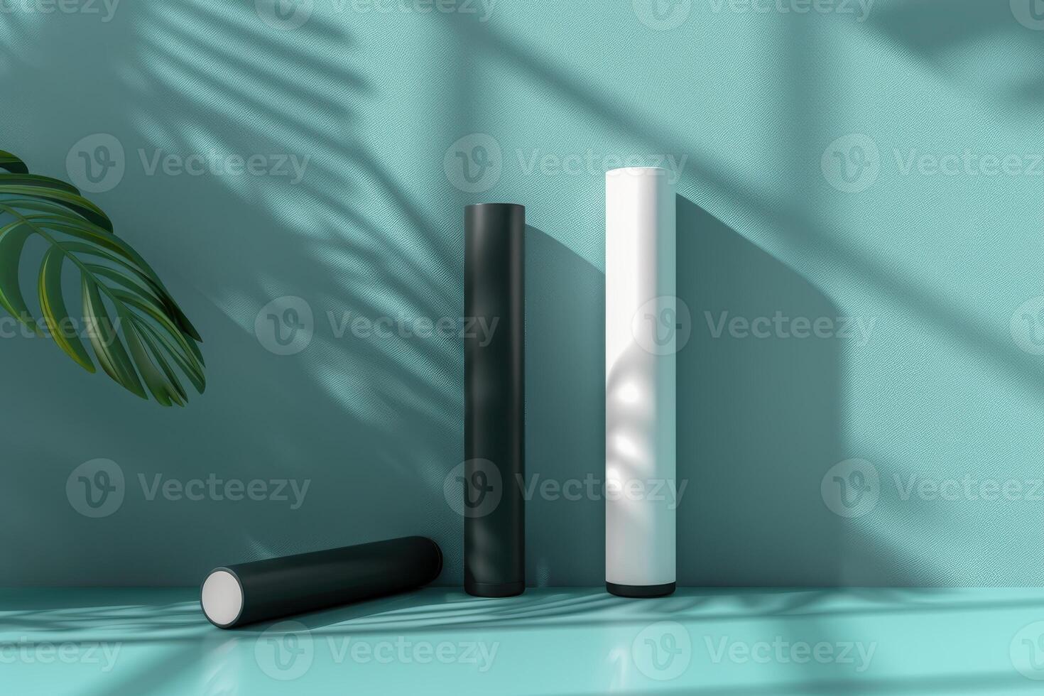 Modern cylindrical objects in a minimalistic setting with plant shadows at midday photo