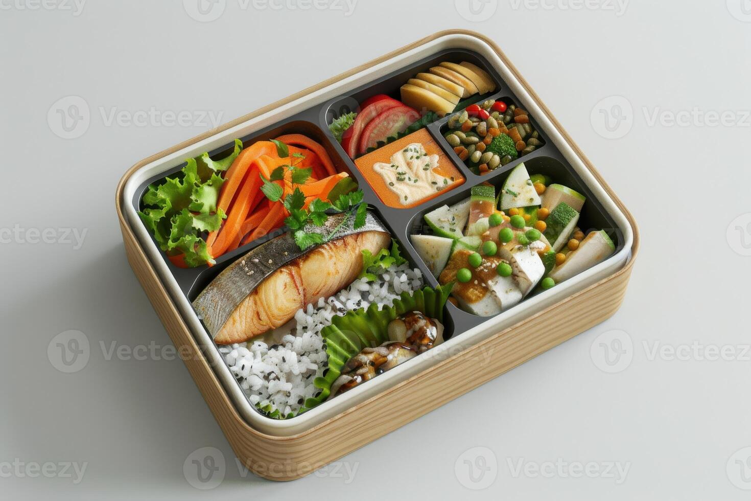 Colorful bento box featuring grilled fish, fresh vegetables, and rice arranged beautifully photo