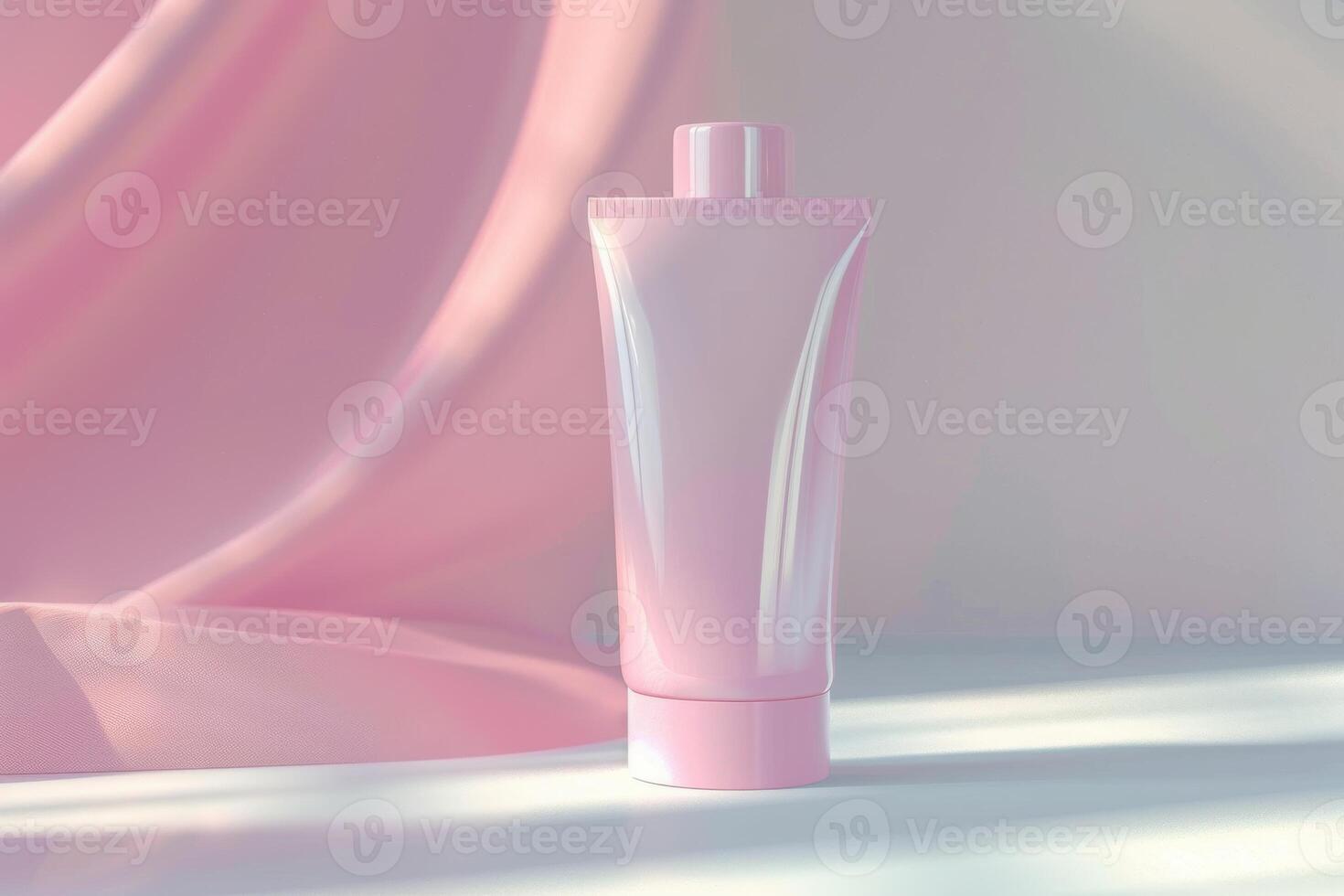 Soft pink tube of cream placed against a light backdrop with gentle fabric draping photo