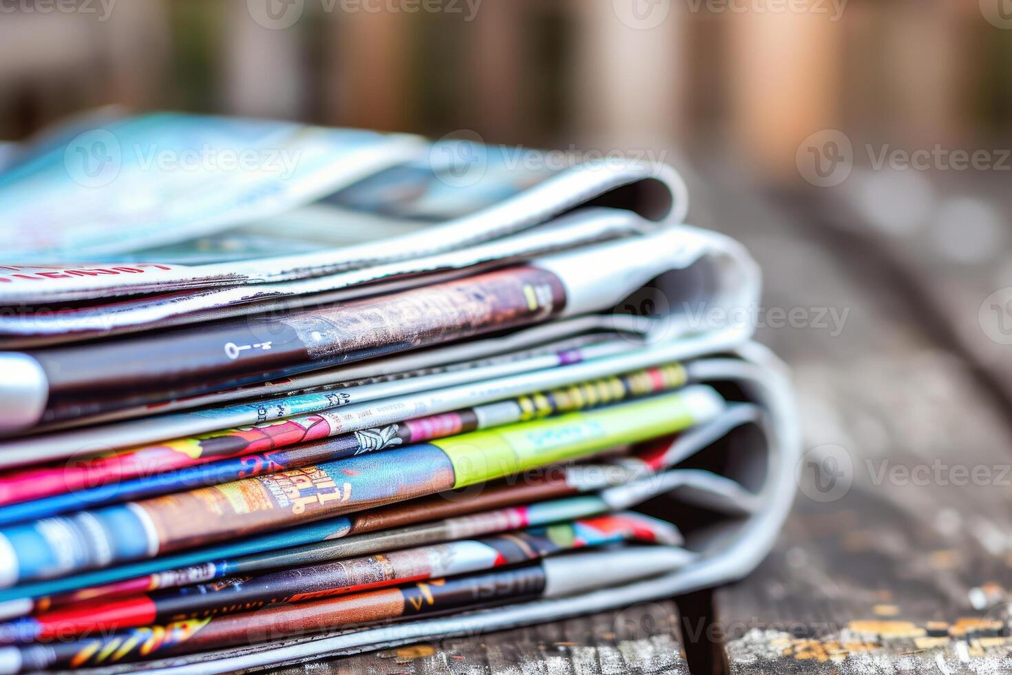 Stacked magazines on a wooden table in a cozy reading space during the afternoon photo