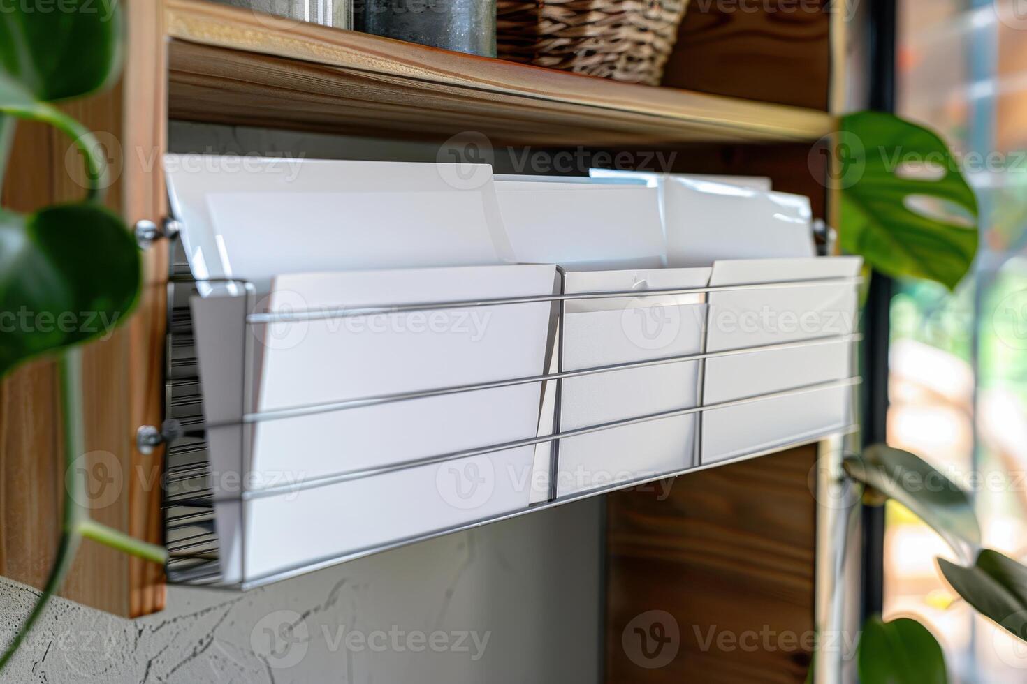 Organized mail storage with white envelopes on a wooden shelf in a bright, plant-filled interior photo