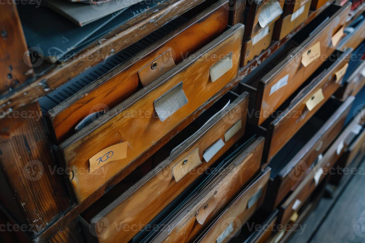 Wooden storage drawers filled with organized files in an old office setting photo