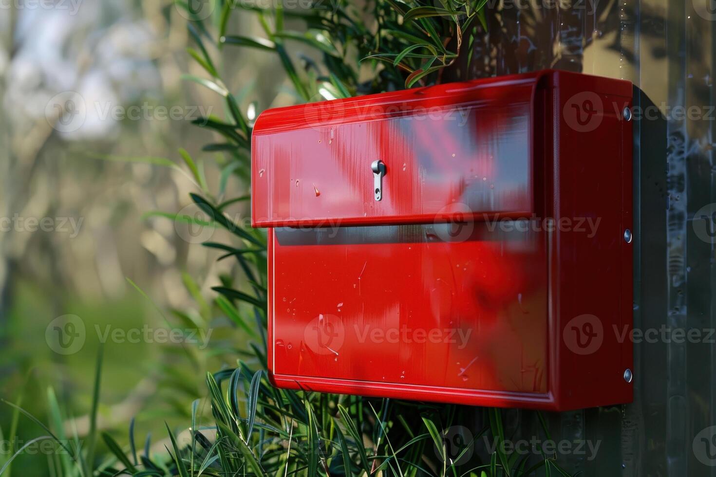 Bright red mailbox mounted on a fence surrounded by greenery in daylight photo