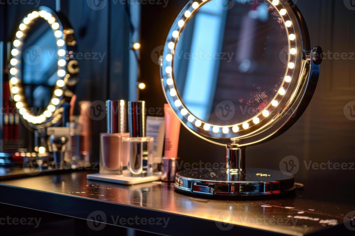 Elegant makeup vanity with illuminated mirror and beauty products displayed in a modern setting photo