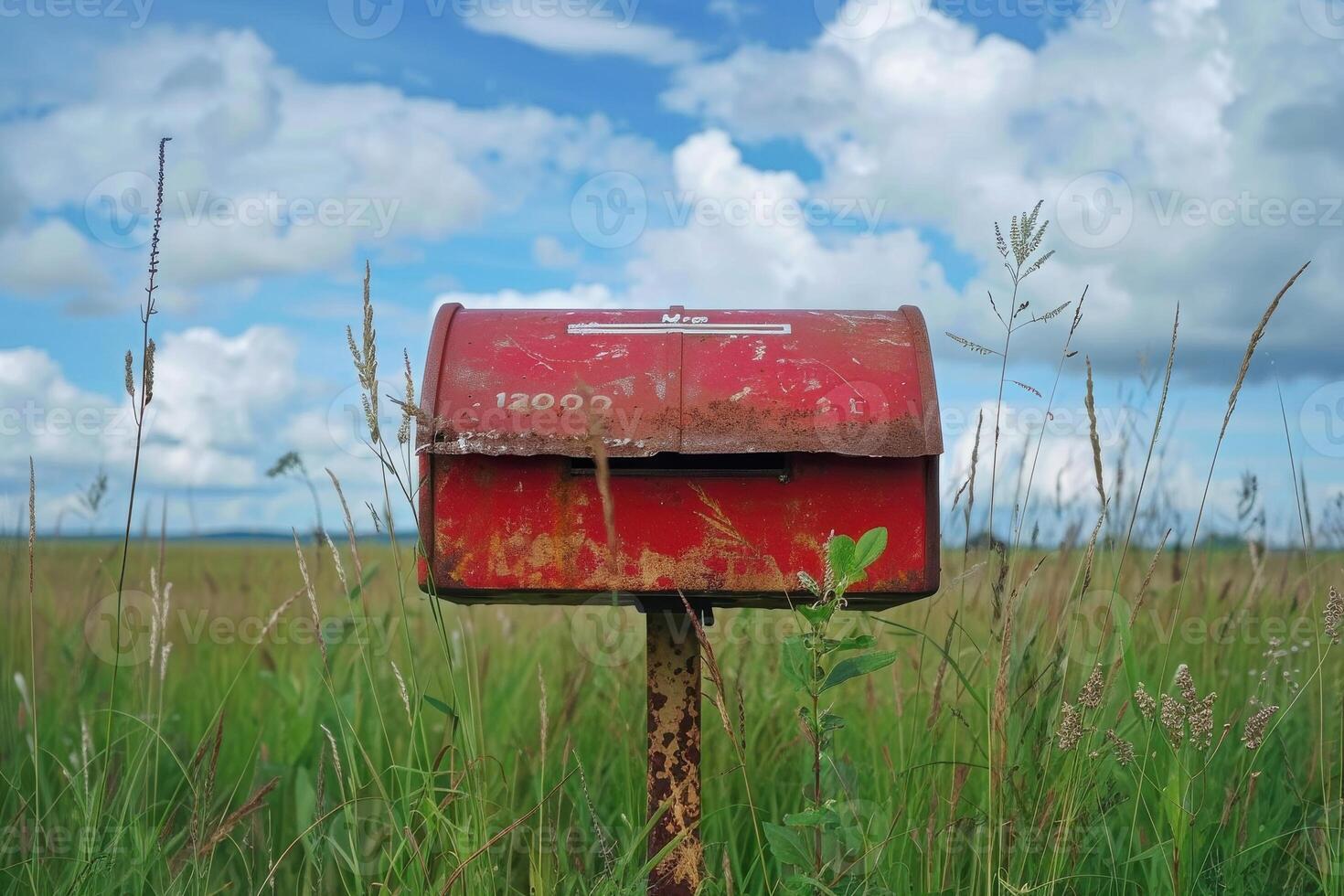 A weathered red mailbox stands in a lush green field under a bright blue sky with fluffy clouds photo