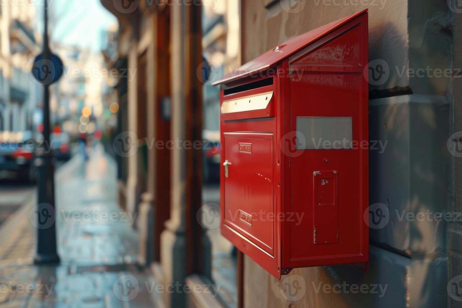 A red mailbox stands on the sidewalk of a bustling city street in the afternoon sunlight photo