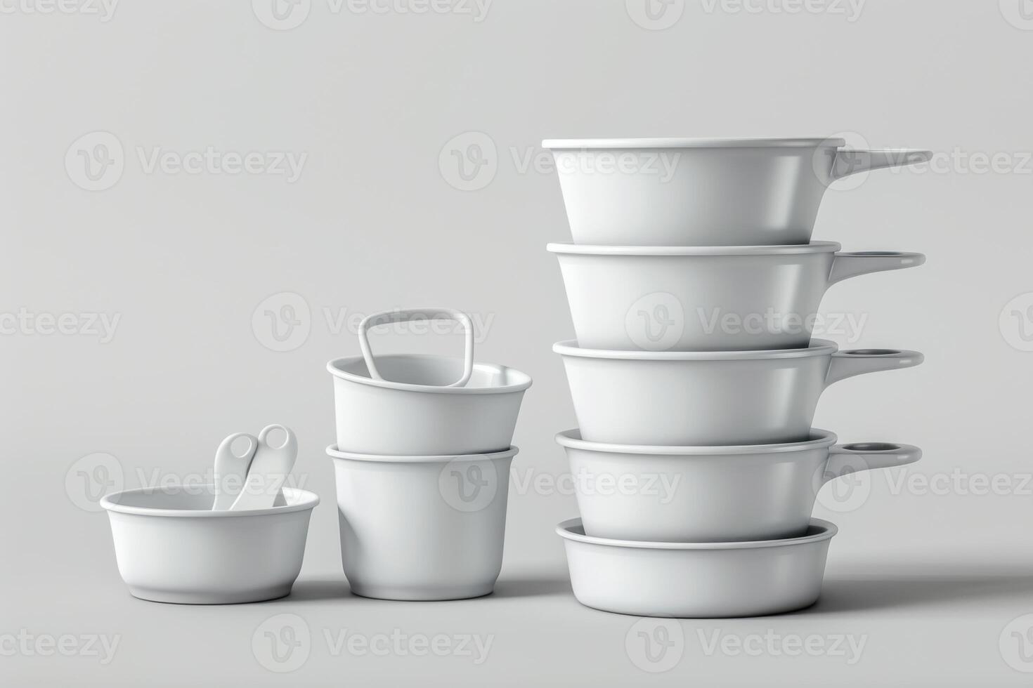 Stacked white kitchen containers with handles on a light background photo