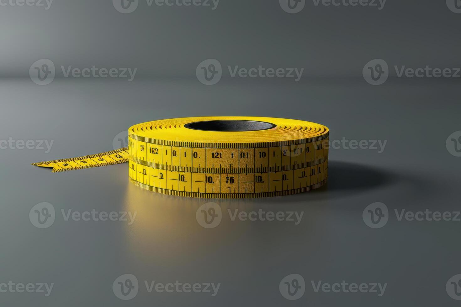 A close-up of a yellow measuring tape on a smooth gray surface in a well-lit setting photo