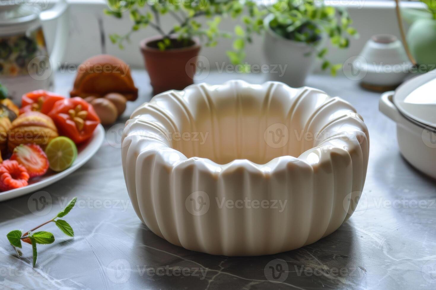 Elegant white bundt cake mold on a kitchen counter surrounded by fresh produce and decorative plants photo