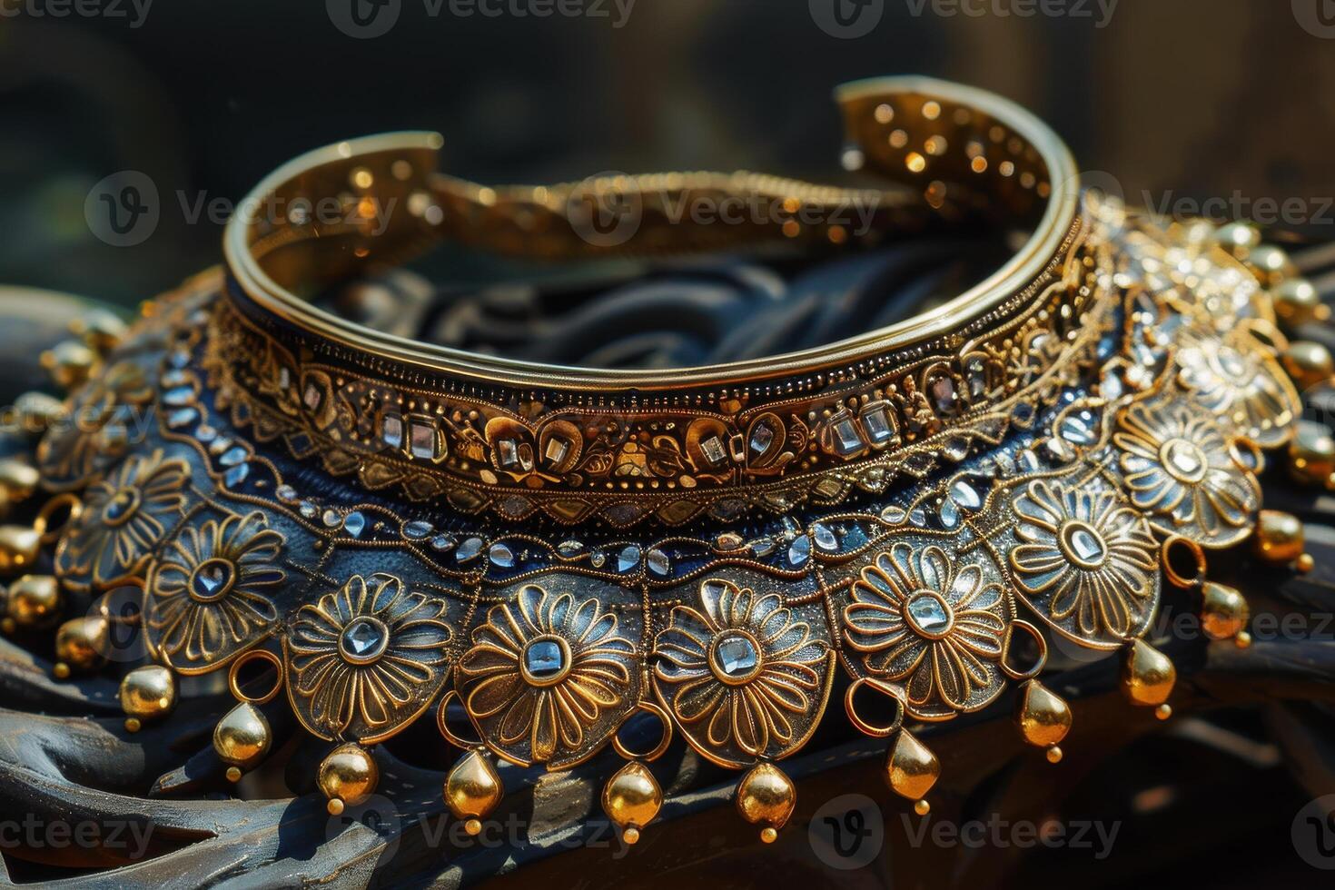 Intricately designed traditional necklace displayed on a wooden surface with decorative carvings in warm light photo