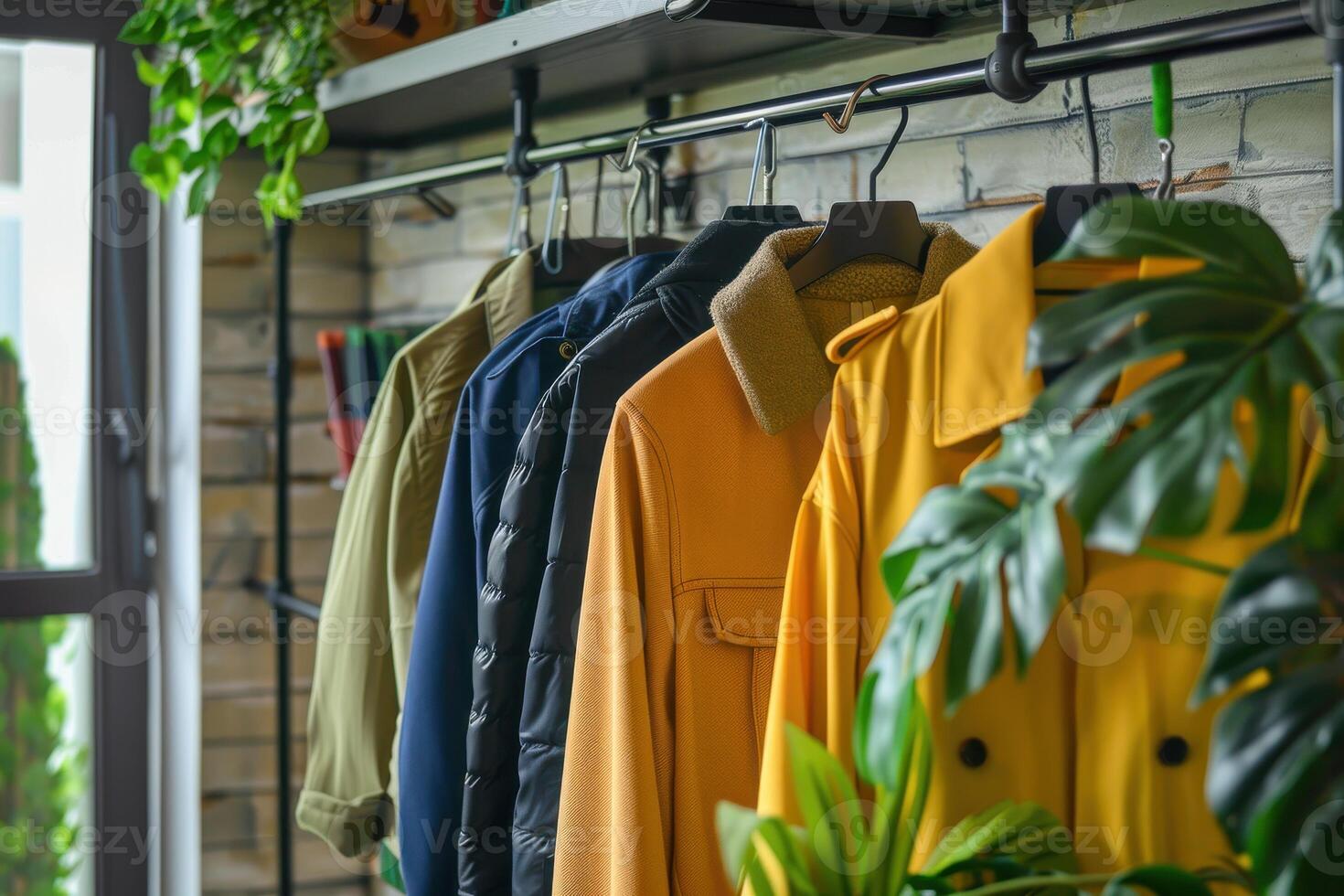 Stylish jackets hanging on a rack in a modern interior with greenery and wooden elements photo