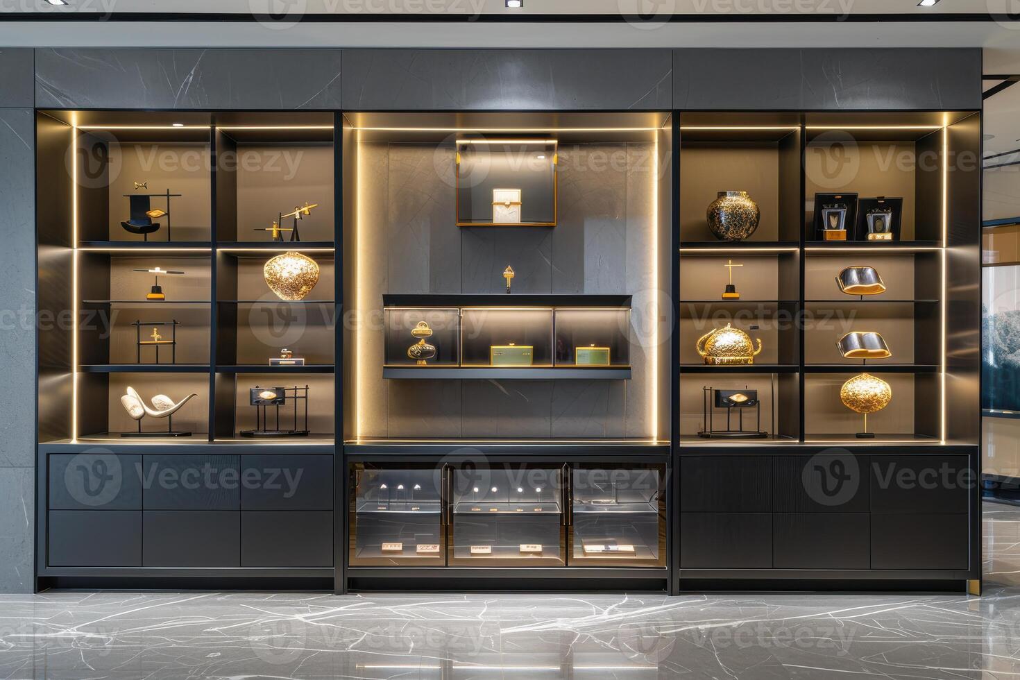 Modern display shelving showcasing decorative artifacts in a well-lit gallery setting photo