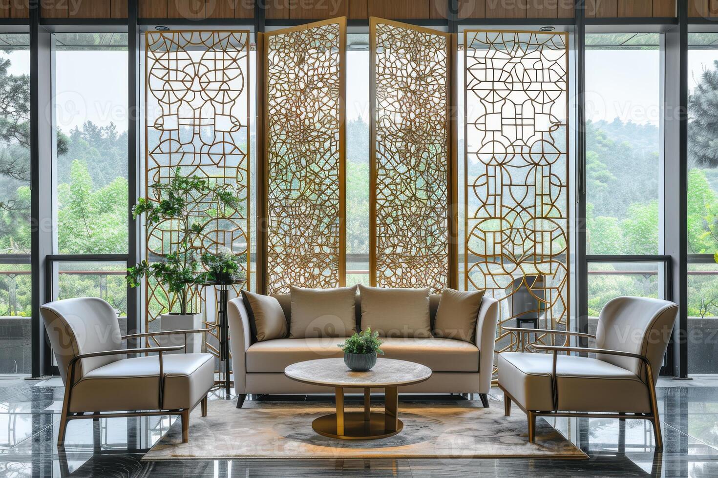 Elegant modern living room with intricate partition and greenery outside photo