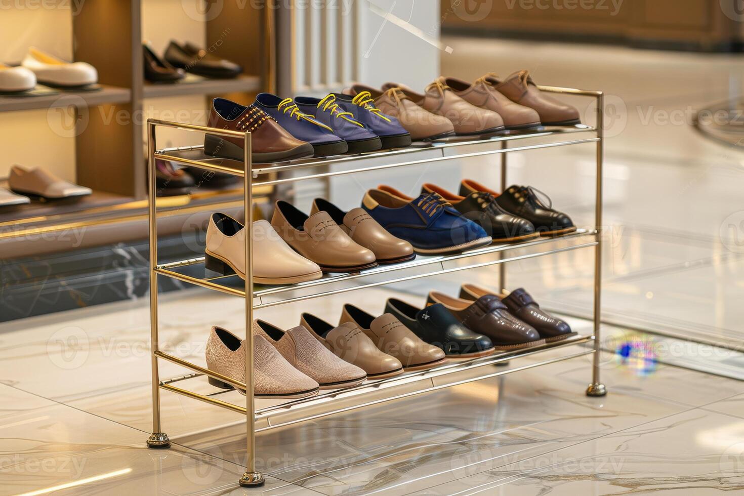 Stylish footwear display in a modern store showcasing diverse shoe designs and colors with a sleek, clean design photo