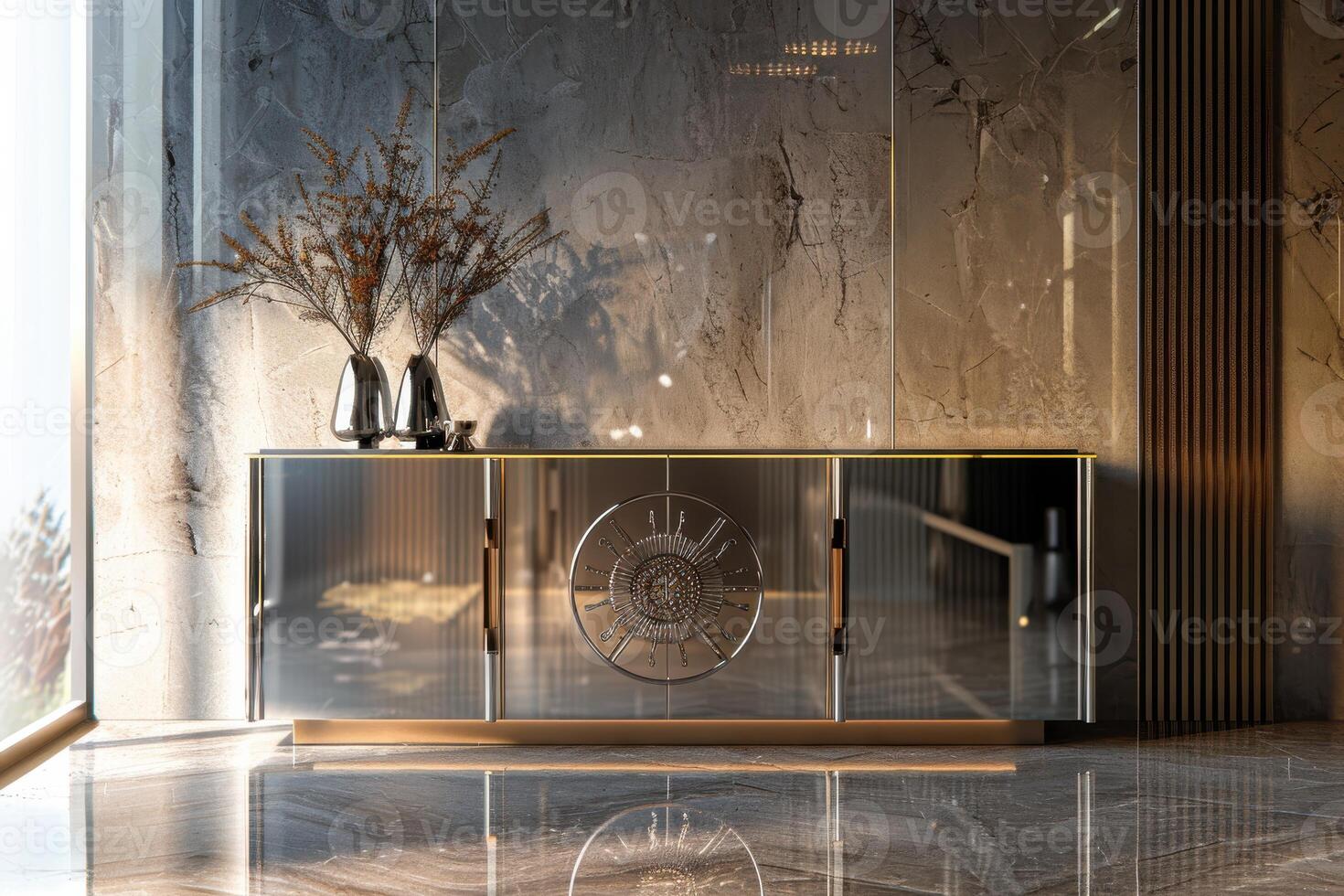 Modern interior showcasing a sleek, reflective sideboard with decorative vases and an abstract design, illuminated by natural light in a luxurious setting photo