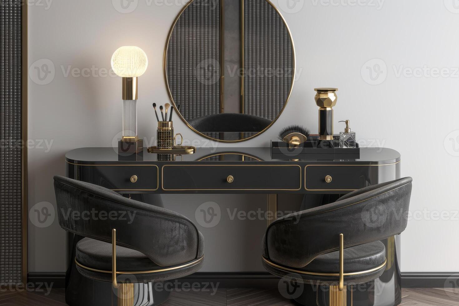Elegant modern vanity setup with stylish mirror and sleek furniture in a well-lit room photo