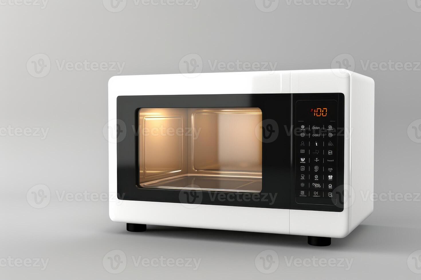 Modern white microwave oven with digital display and transparent door, designed for kitchen use photo
