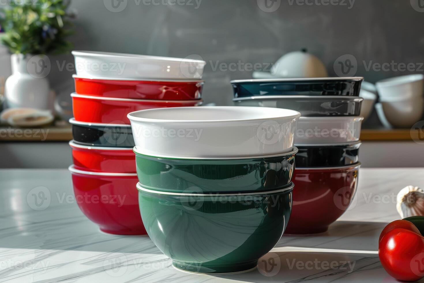 Stacked bowls in various colors arranged on a kitchen countertop with fresh vegetables and a plant in the background photo