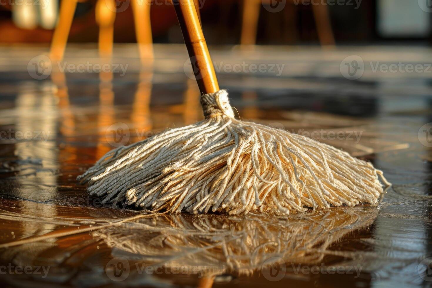 Mop cleaning a wooden floor in a sunlit room during the afternoon photo