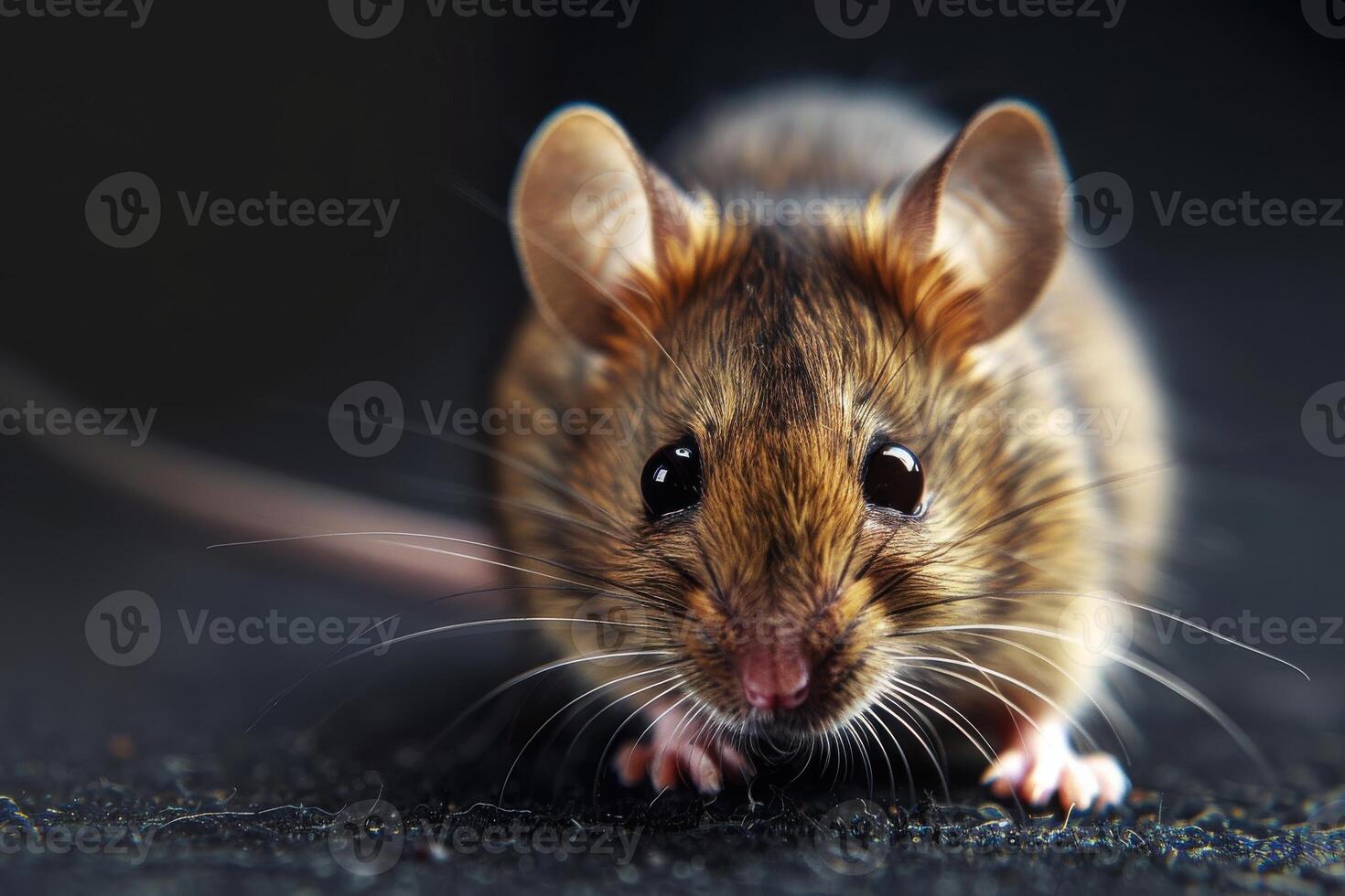 A close-up of a brown mouse exploring its surroundings on a dark surface during the evening photo
