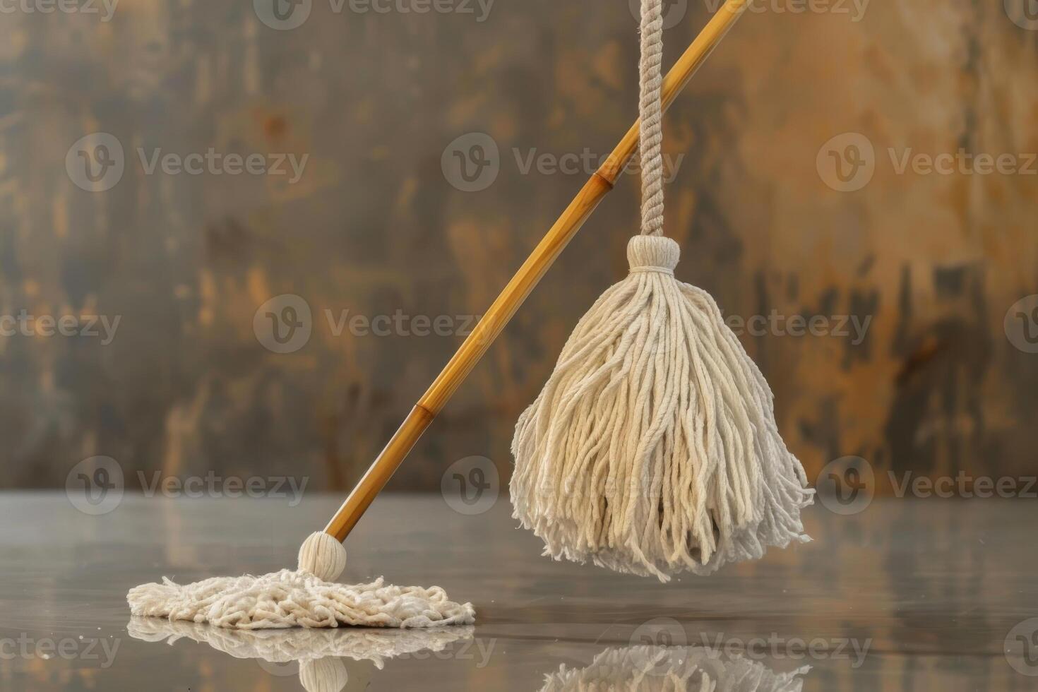 A mop hanging above a freshly cleaned floor in a softly lit room photo