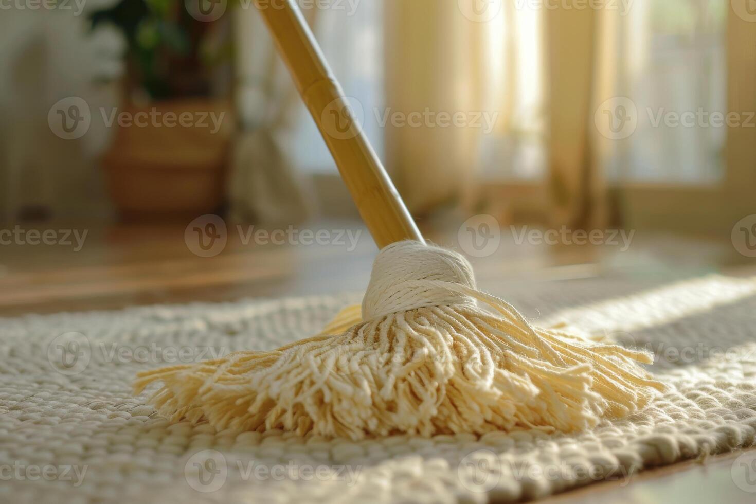 Cleaning a cozy living room with a mop during the afternoon sunlight photo