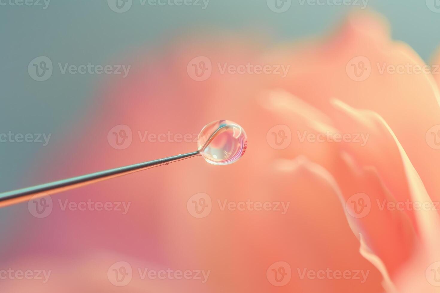A close-up view of a water droplet perched on a needle near a soft pink rose petal in natural light photo