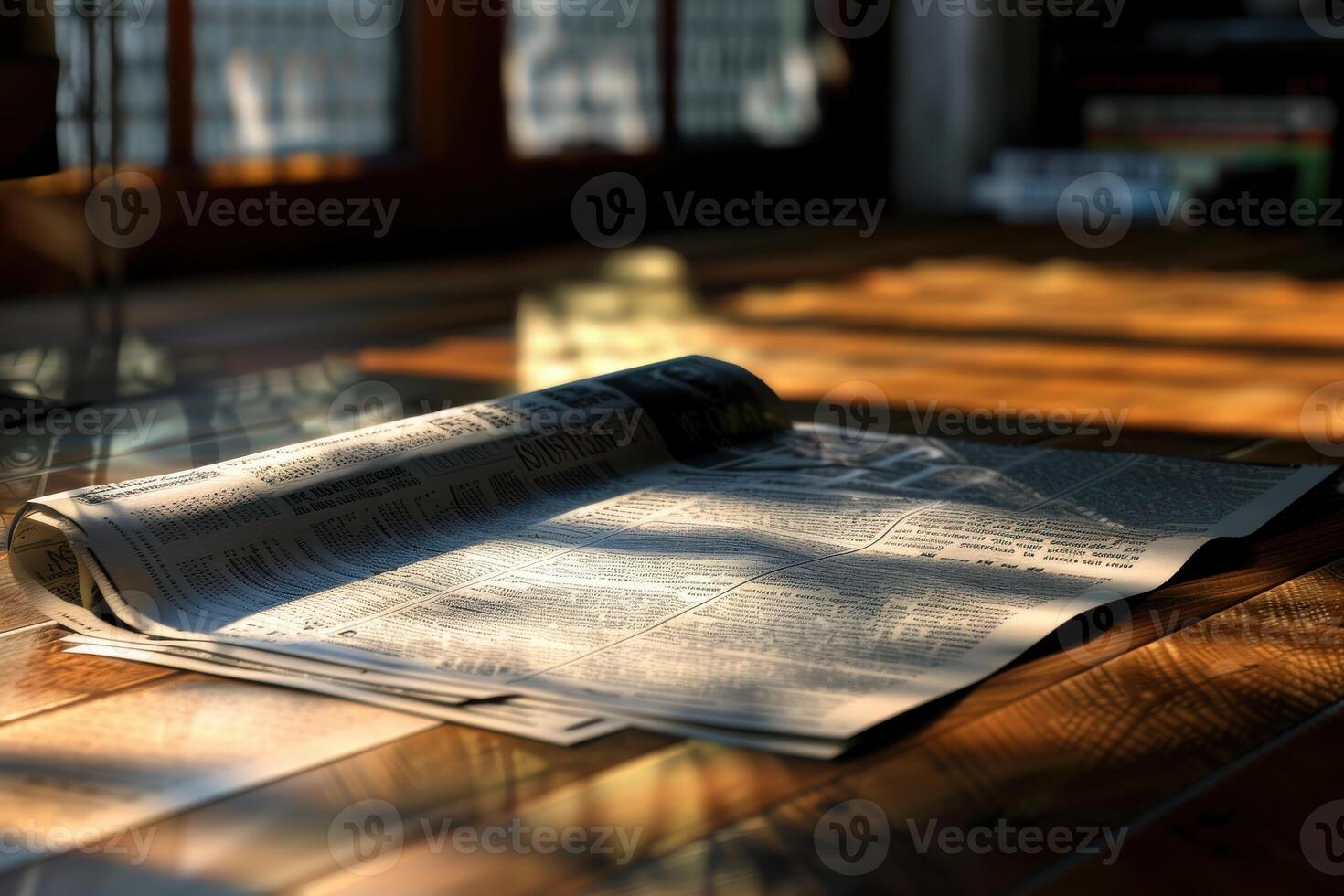 A newspaper resting on a wooden table, illuminated by morning sunlight photo