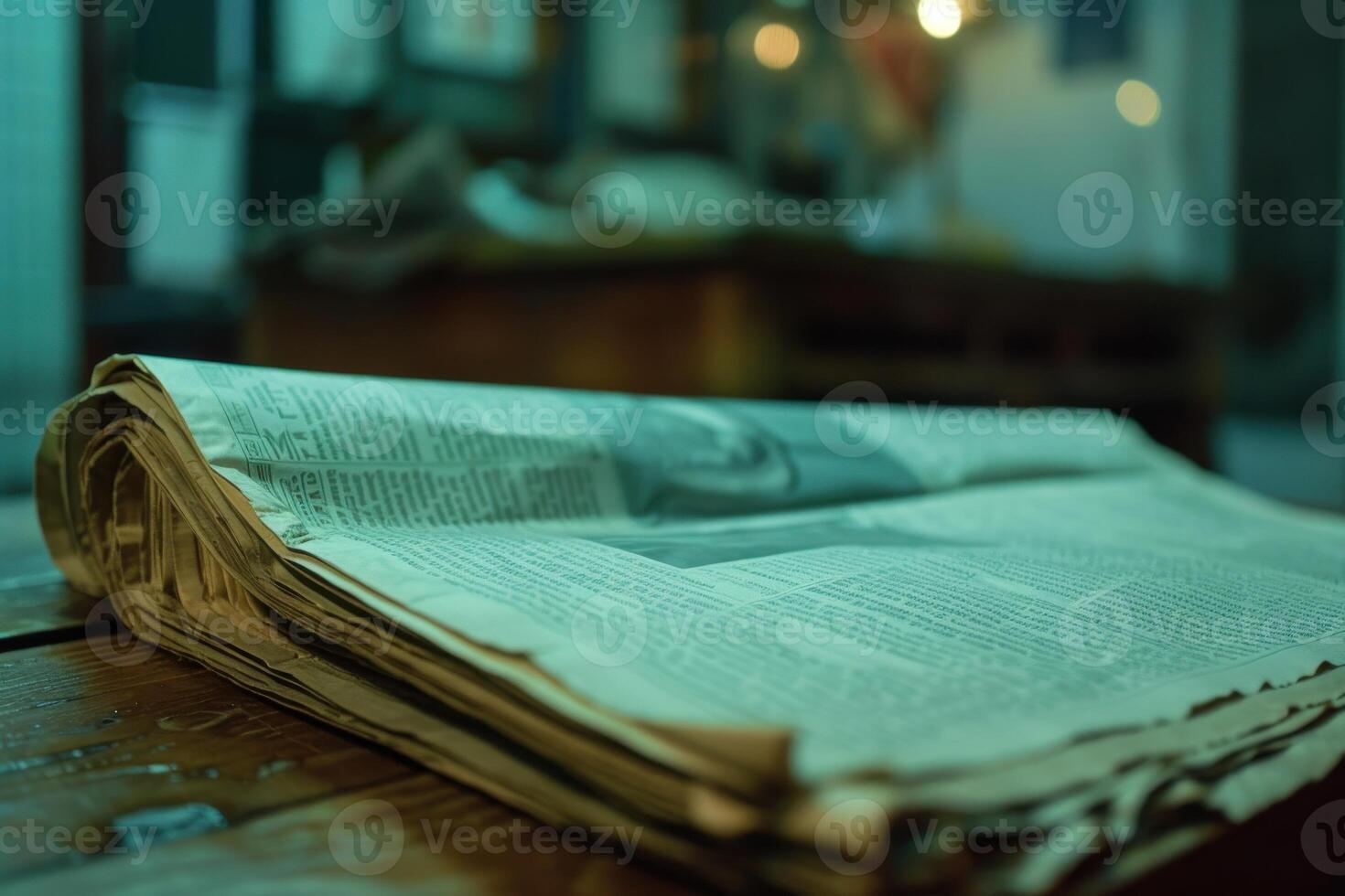 An old newspaper rests on a wooden table in a dimly lit room, reflecting a sense of nostalgia and history photo