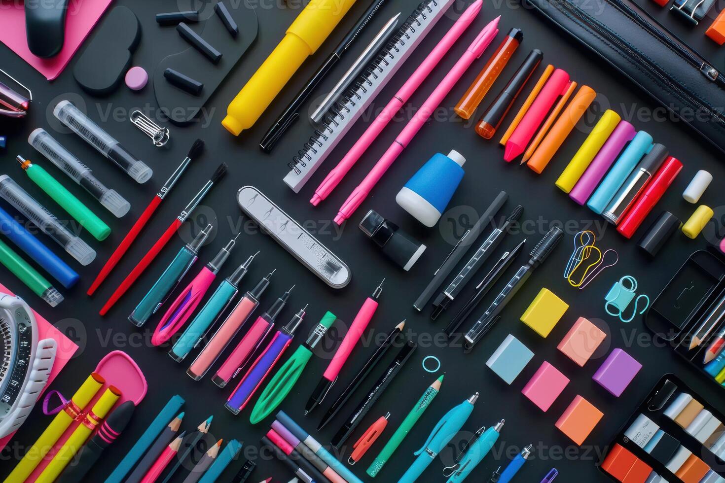 A colorful arrangement of various stationery items on a dark surface photo