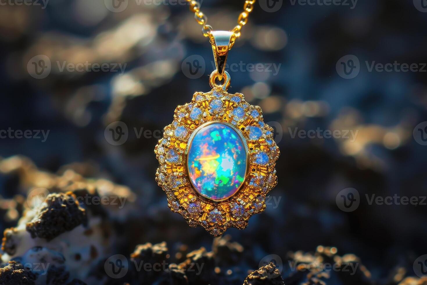 Golden pendant with opal surrounded by sparkling gems, resting on a textured surface photo