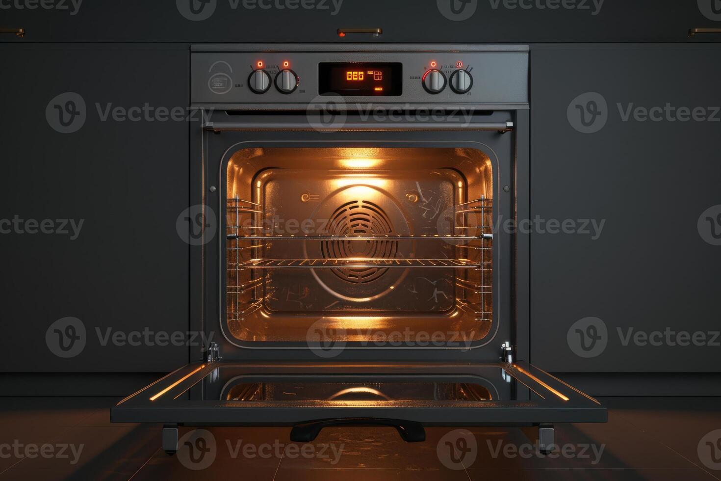 Modern kitchen oven with illuminated interior and digital display, showcasing a sleek design and open door ready for baking photo