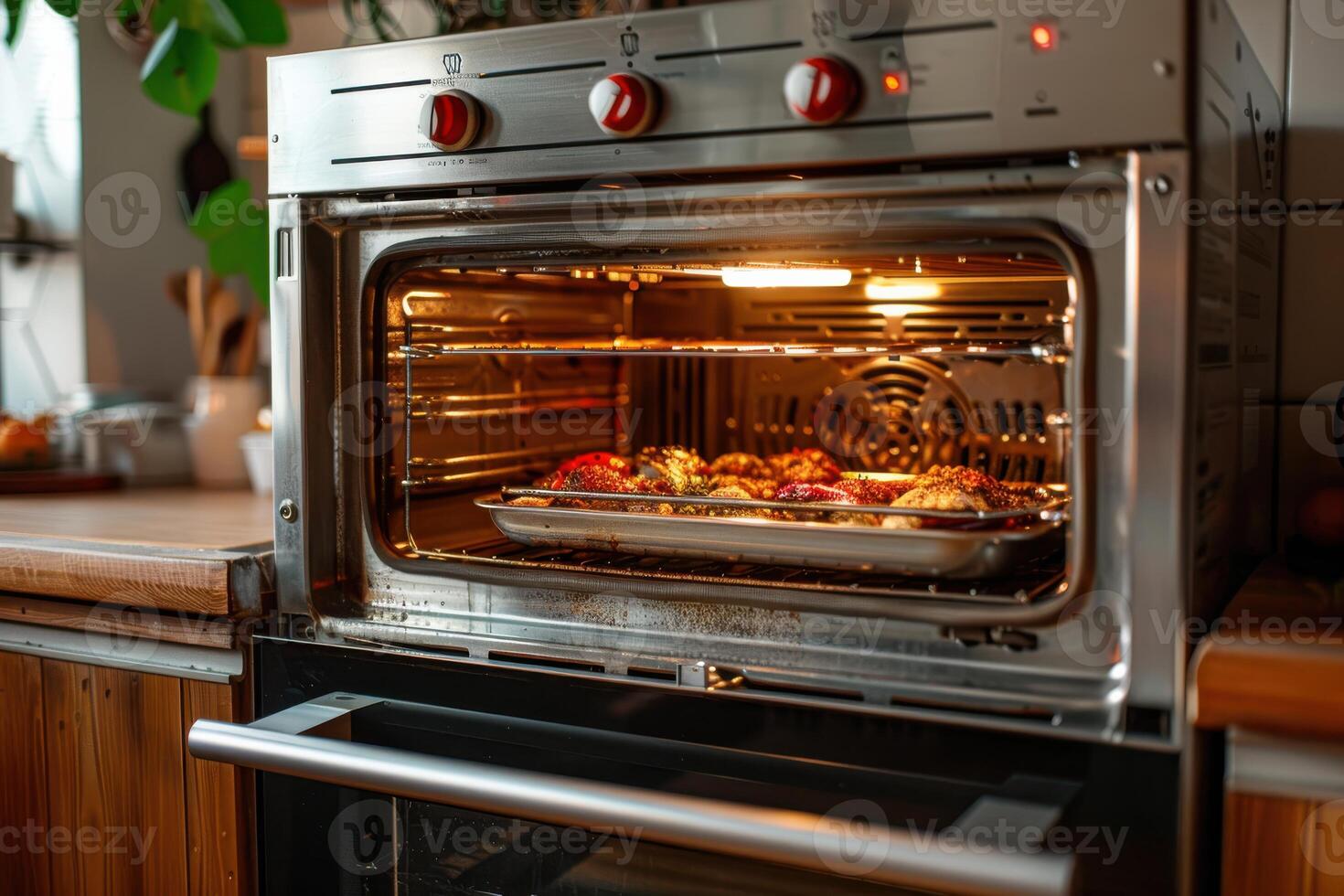 Cooking delicious dishes in an oven with multiple shelves in a cozy kitchen setting photo