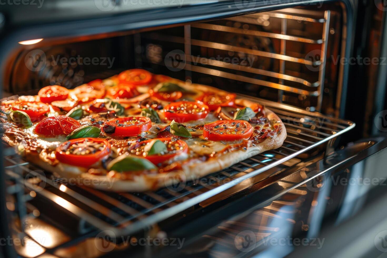 Freshly baked pizza with tomatoes and basil in an oven photo
