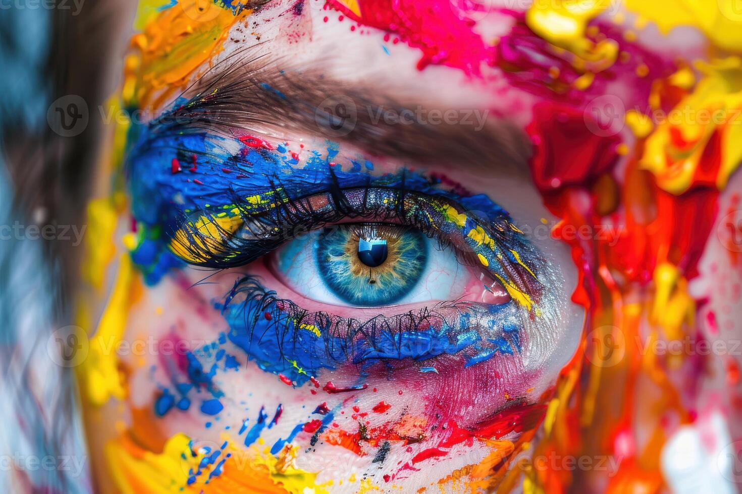 A close-up of a blue-eyed individual with vibrant face painting featuring bold colors in an artistic expression photo