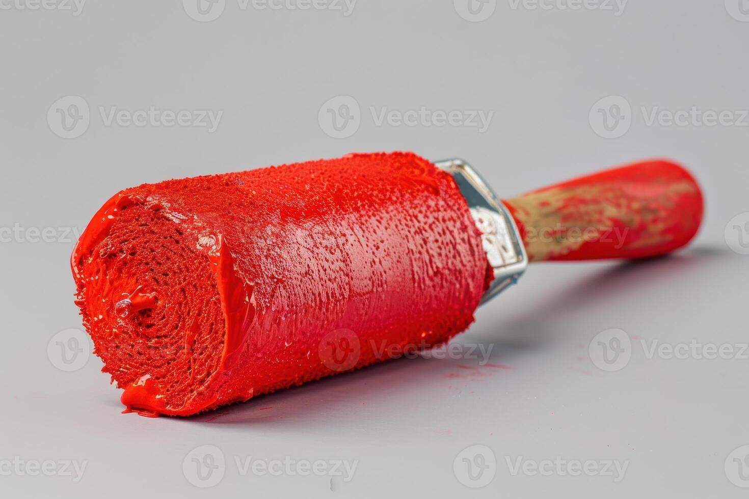 A bright red paint roller resting on a gray surface, indicating preparation for a painting project photo