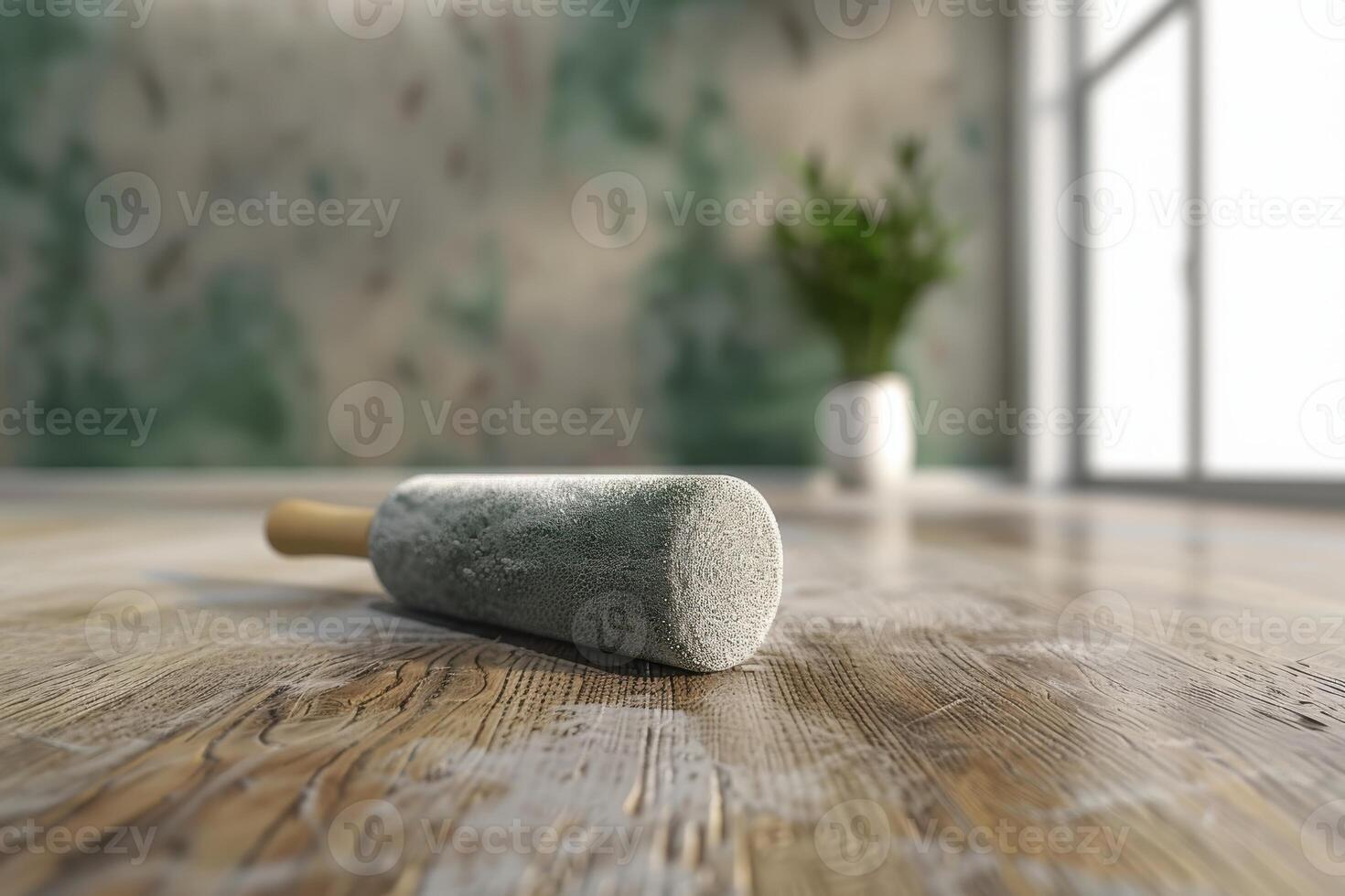 Paint roller resting on a wooden floor in a recently painted room with green accents and a plant in the background photo