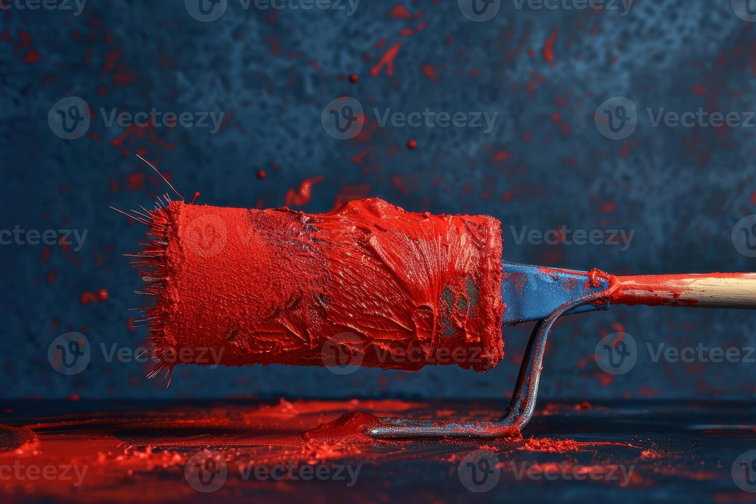 Paint roller covered in vibrant red paint resting on a dark surface with splatters in the background photo