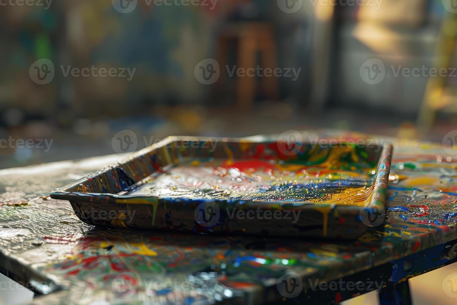 A colorful paint tray on a messy art studio table during daylight hours photo