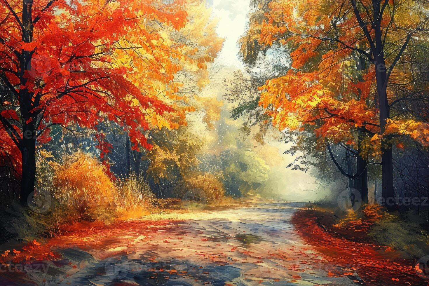 Autumn landscape with vibrant orange leaves along a peaceful country road in the early morning mist photo