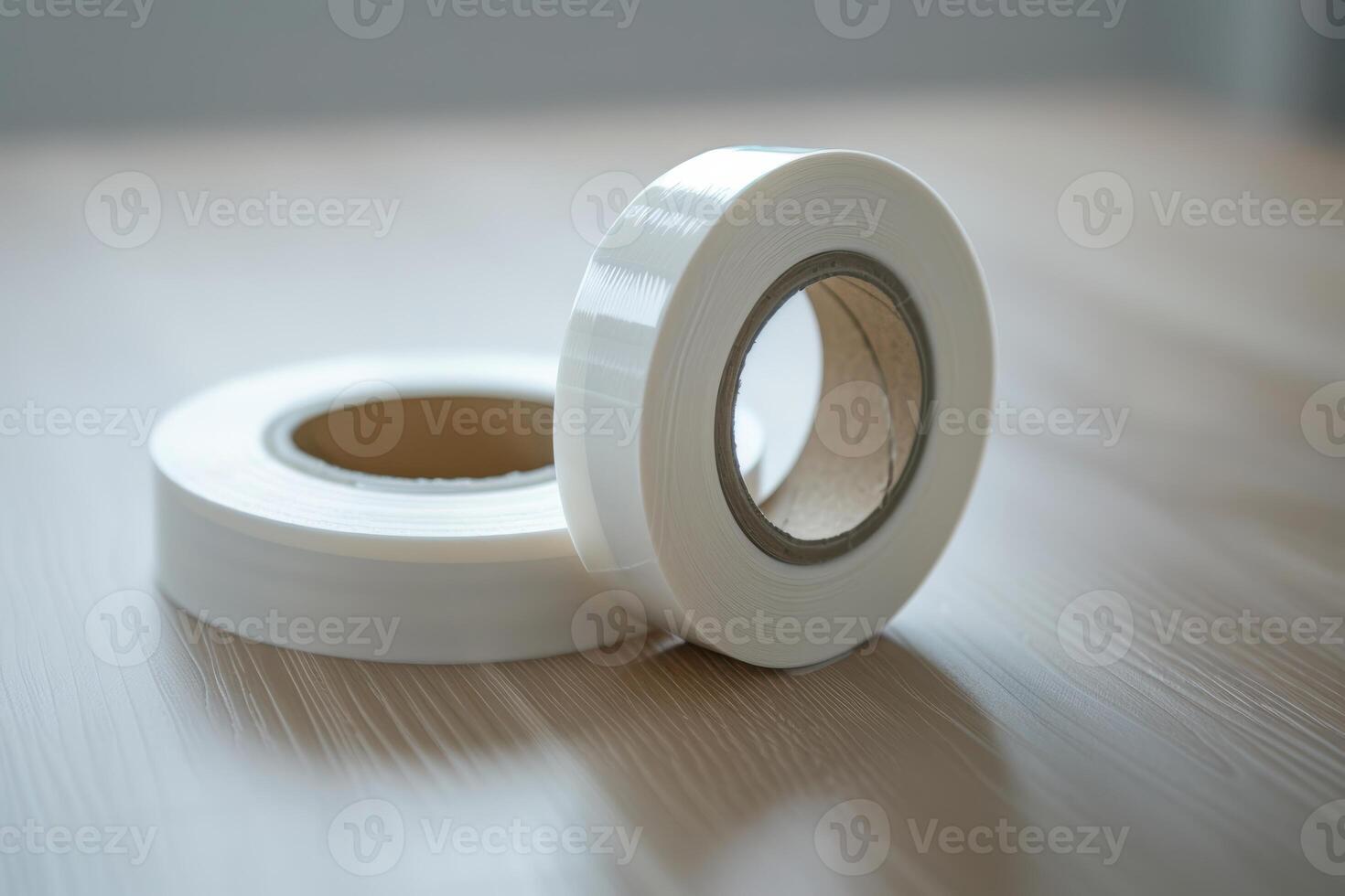 Two rolls of clear tape on a wooden surface in a well-lit room photo